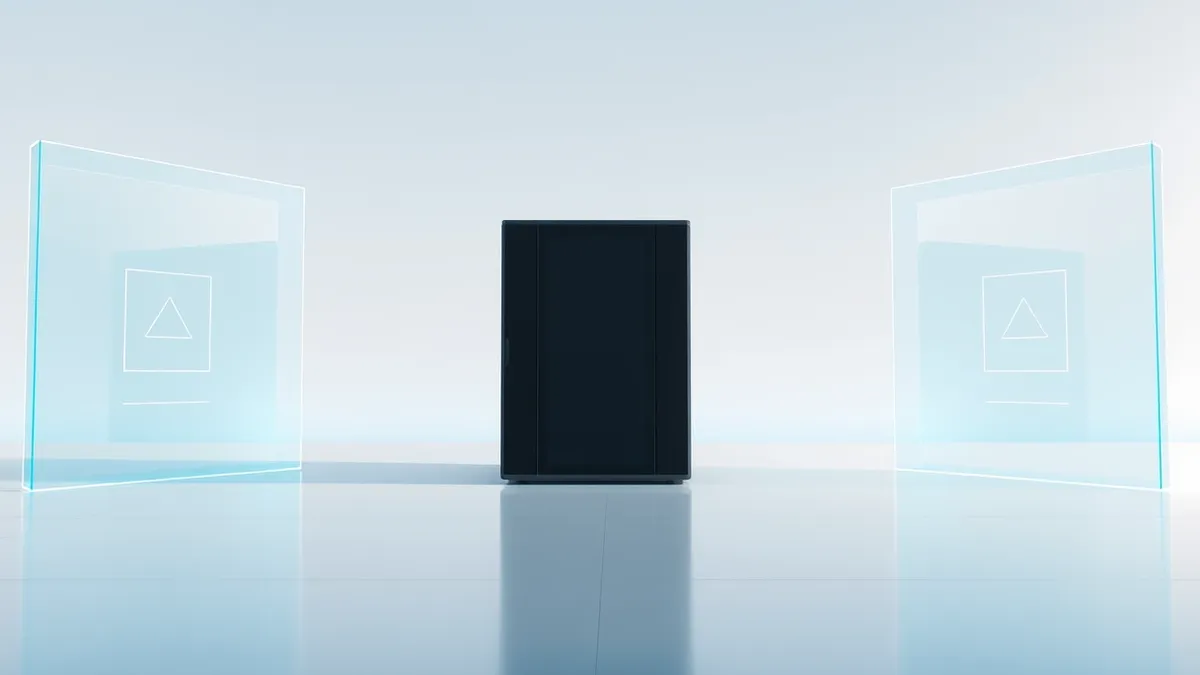 Illustration: A sleek black server unit sits isolated on a polished floor, surrounded by three translucent glass walls that glow with soft blue light.