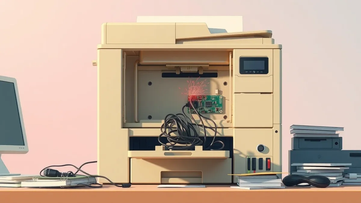 Illustration: A beige desktop printer sits on a cluttered office desk, its paper tray extended slightly.