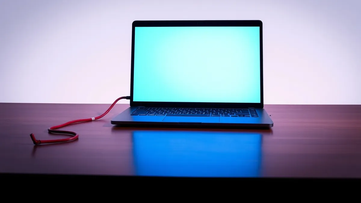 Illustration: A sleek black laptop sits open on a wooden desk.