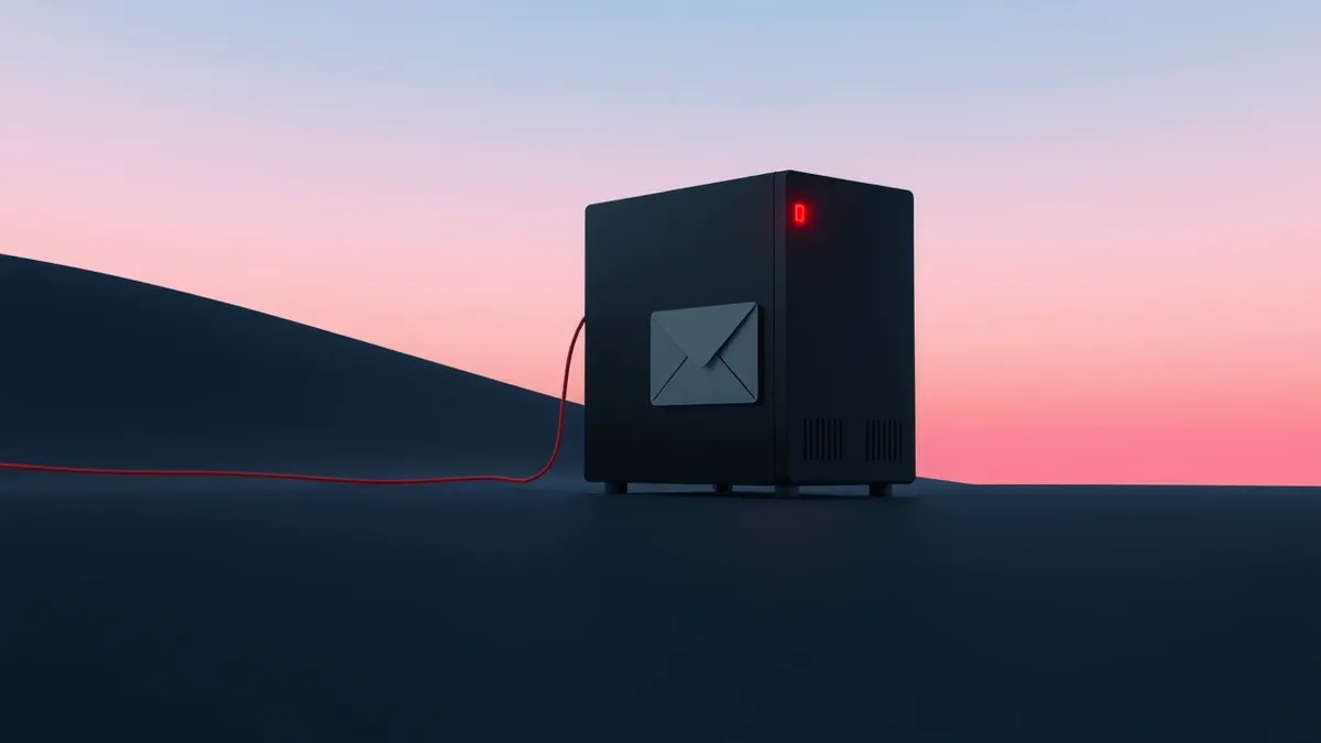 Illustration: A sleek black email server sits isolated on a dark, featureless surface.