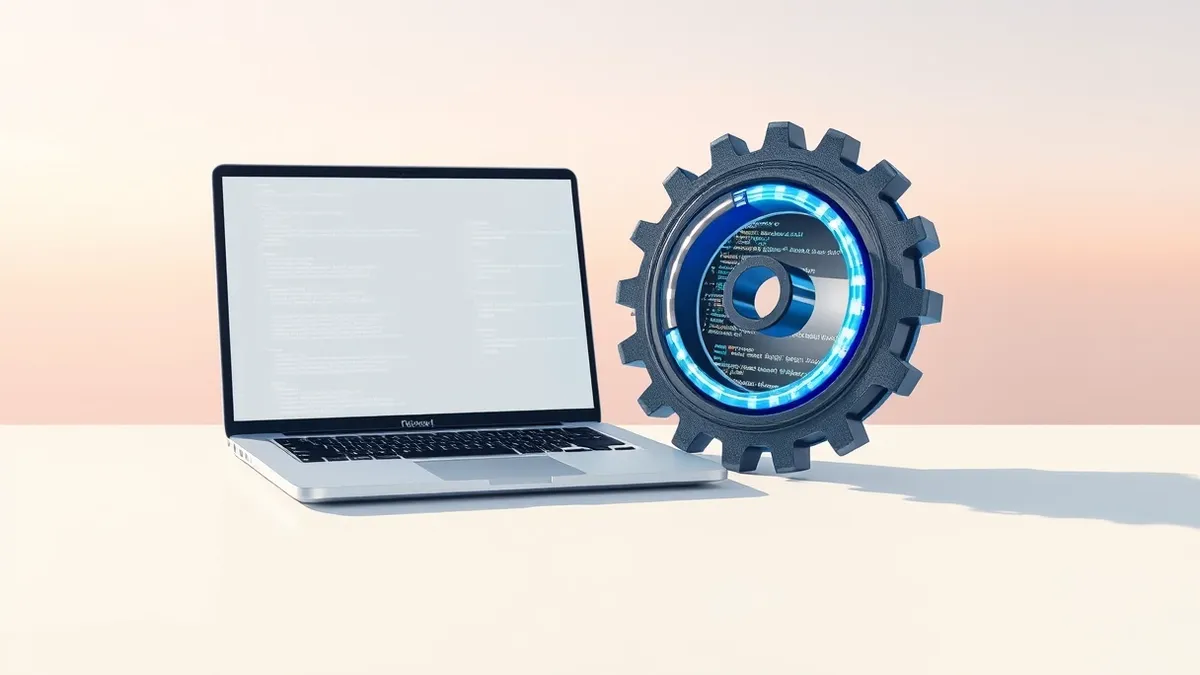 Illustration: A pristine white desk holds an open laptop displaying blank code lines.