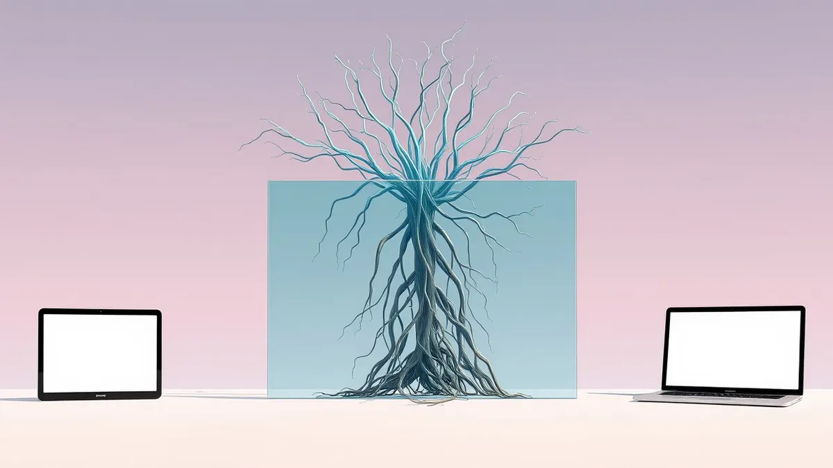 Illustration: A smooth glass pane stands before a tangled root system of glowing blue fibers.