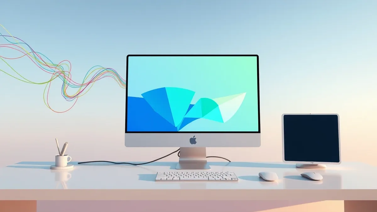 Illustration: A sleek white desktop computer sits on a clean white desk.