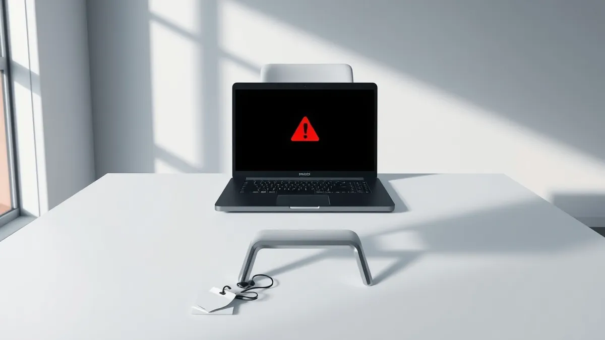Illustration: A sleek black laptop sits open on a sterile white desk in a dimly lit office.