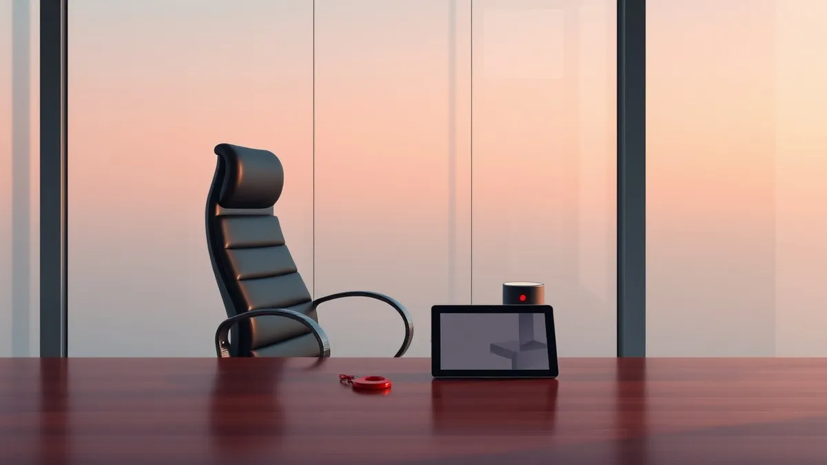 Illustration: A sleek black office chair sits empty in a modern glass-walled room.