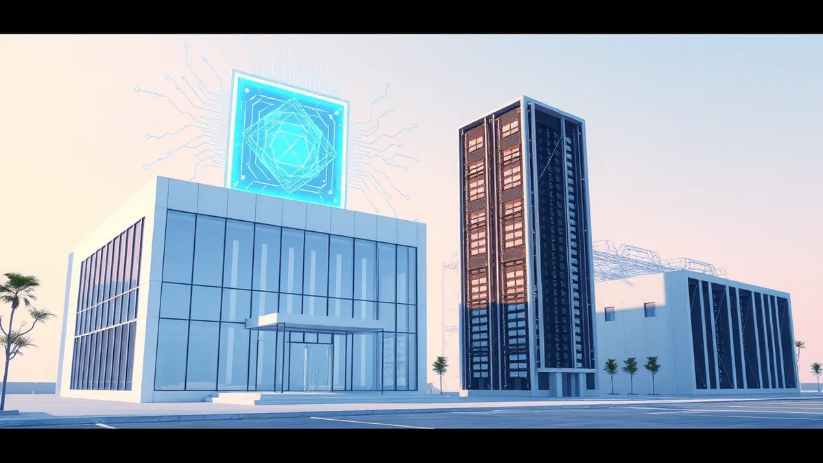 Illustration: A sleek white startup incubator building sits beside a towering supercomputer facility.