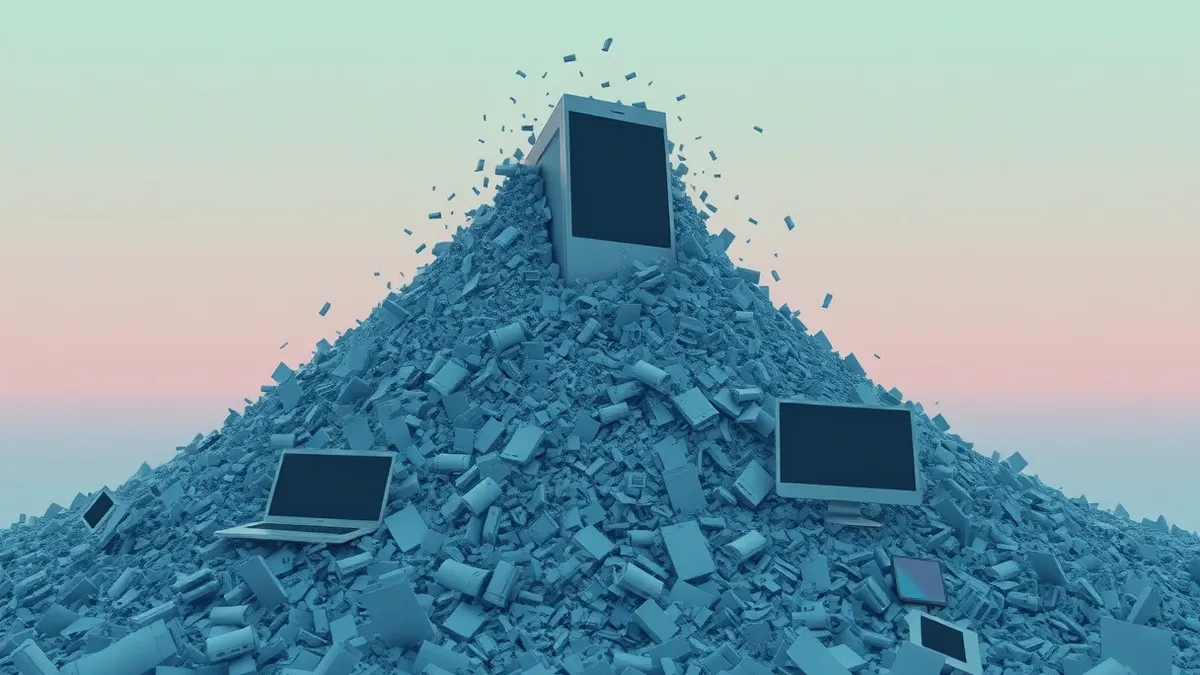 Illustration: A massive digital avalanche of fragmented code crashes down upon a single, isolated computer tower.