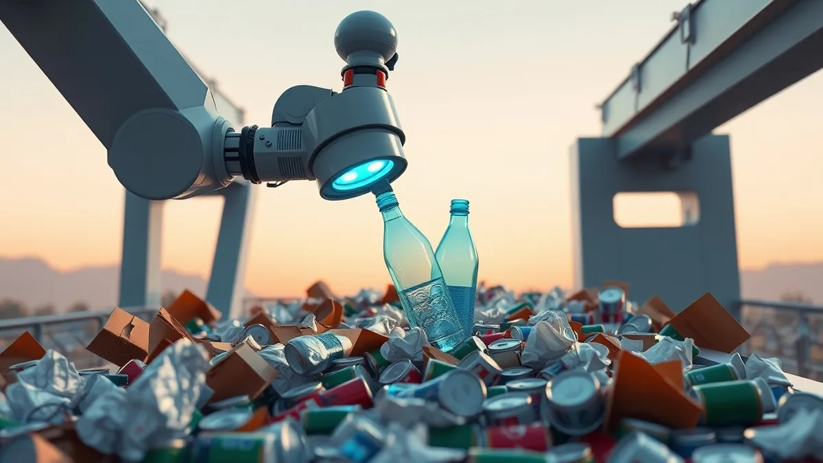 Illustration: A sleek robotic arm with a vacuum gripper hovers over a conveyor belt laden with crumpled cardboard, plastic bottles, and aluminum cans.