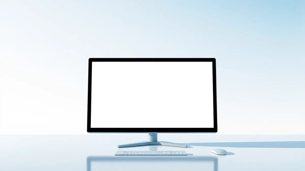 Illustration: A sleek, minimalist desktop monitor displays a blank white interface with subtle abstract geometric shapes.