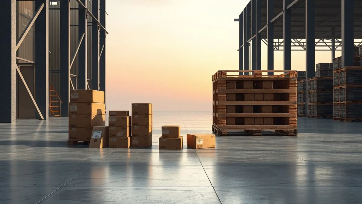 Illustration: A stack of empty, unbranded cardboard shipping boxes sits scattered on a polished concrete warehouse floor next to a large, empty industrial pallet.