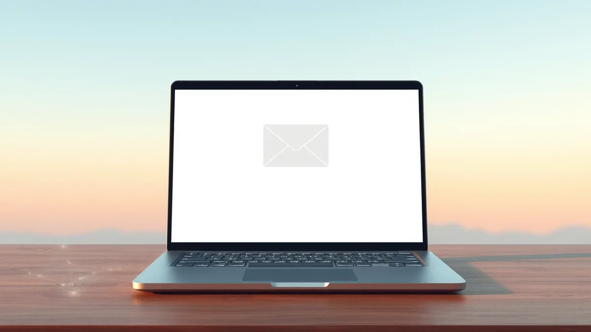 Illustration: A sleek laptop sits on a wooden desk, its screen displaying a blank browser window with a single greyed-out envelope icon in the center.