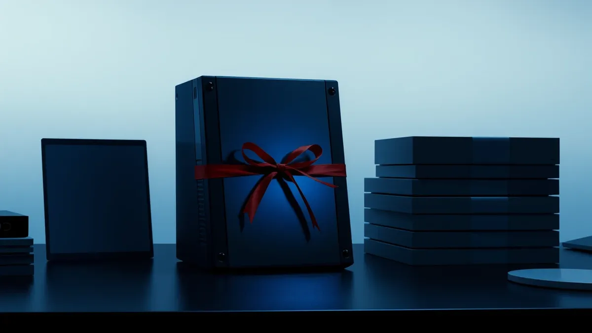 Illustration: A sleek black hard drive sits on a dark desk next to a stack of blank, unmarked floppy disks.