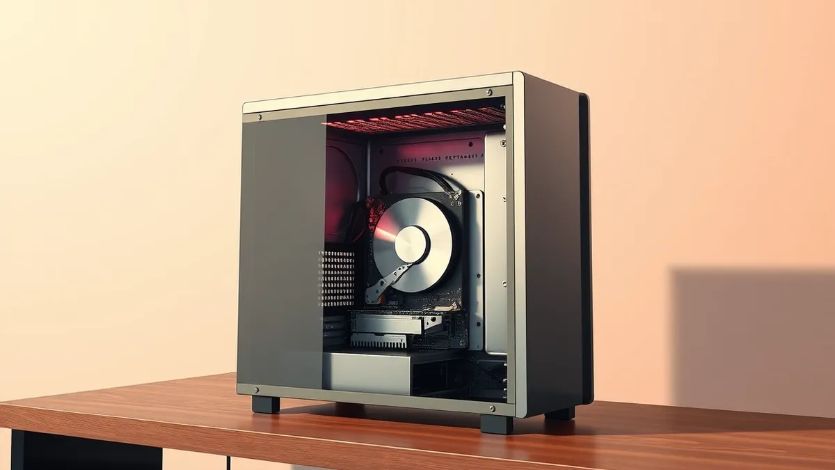 Illustration: A sleek desktop computer tower sits on a wooden desk with its side panel removed.