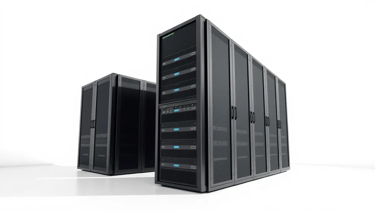 Illustration: A tall, sleek black server rack stands in a clean, brightly lit laboratory space.