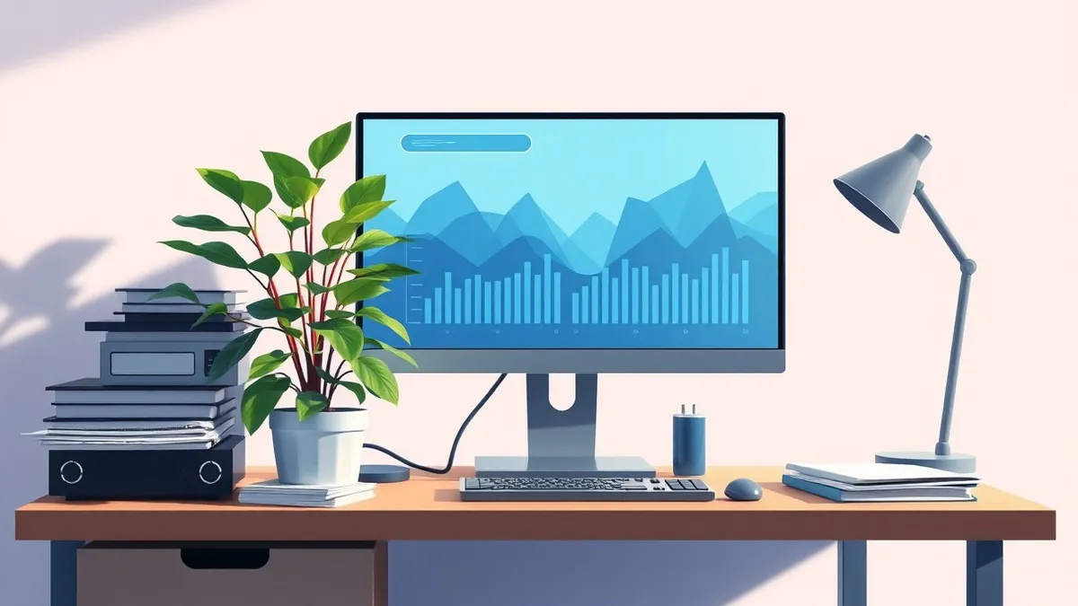 Illustration: A small cluttered office desk features a sleek computer monitor displaying abstract geometric data visualizations in soft blue tones.