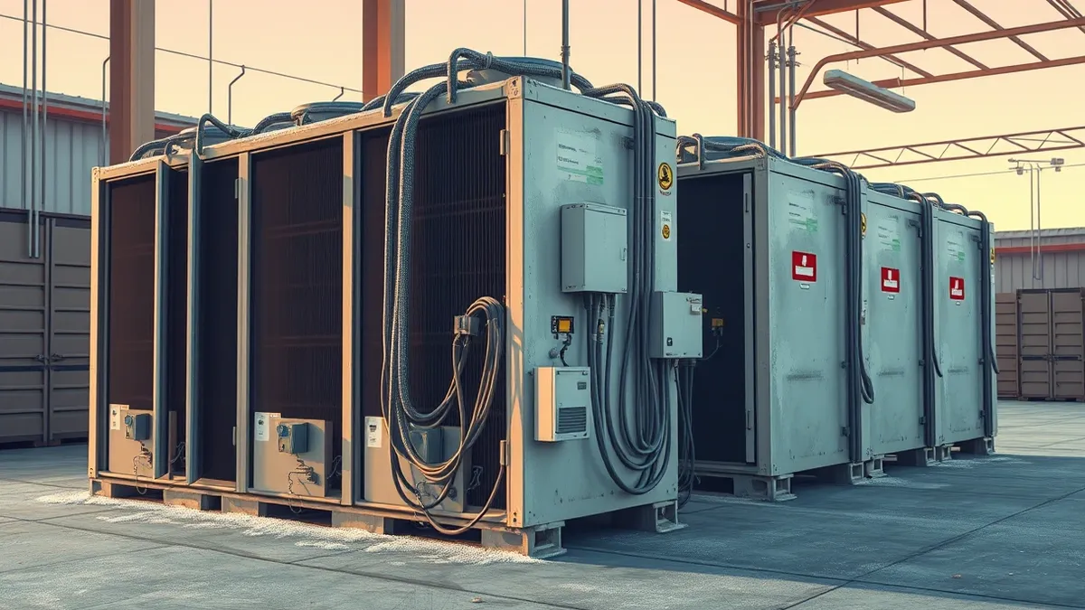 Illustration: A row of industrial refrigeration units stands in a cold storage warehouse, their metal surfaces frost-covered and dull.