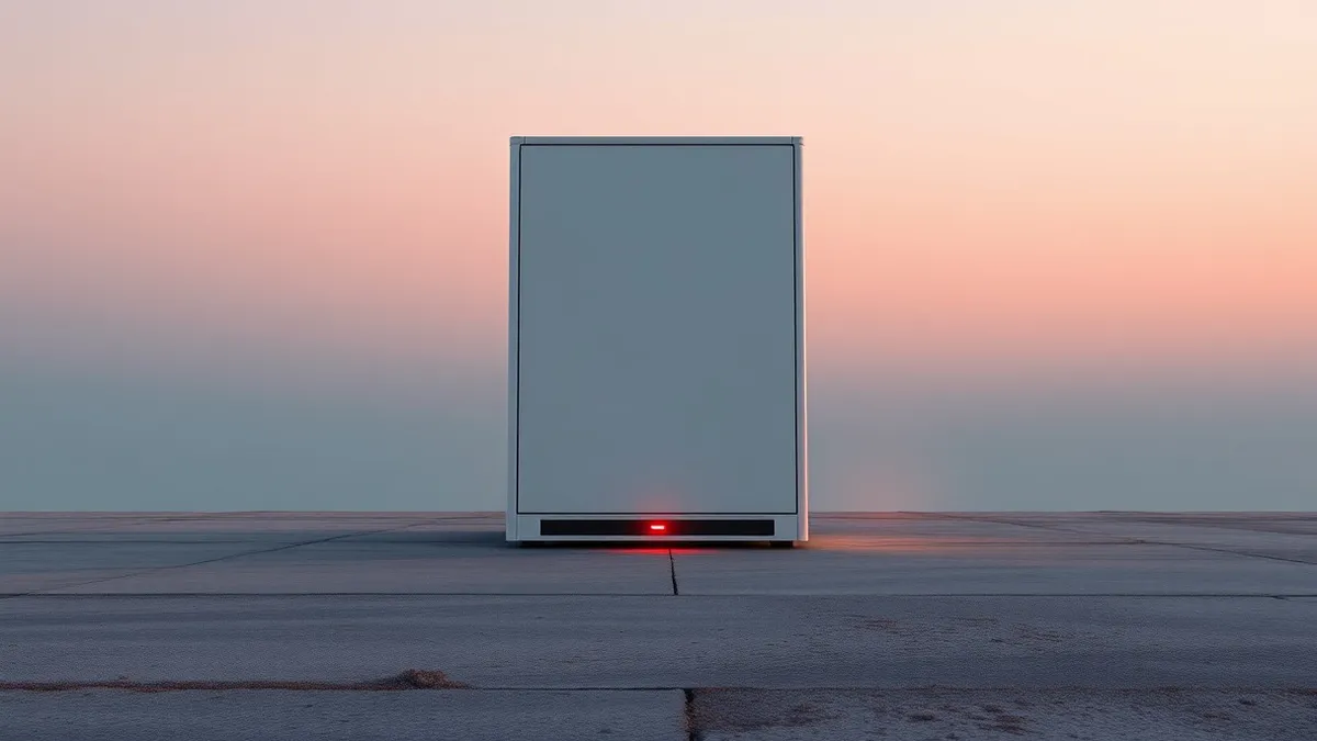 Illustration: A sleek white server unit sits on a concrete floor, its front panel blank and smooth.