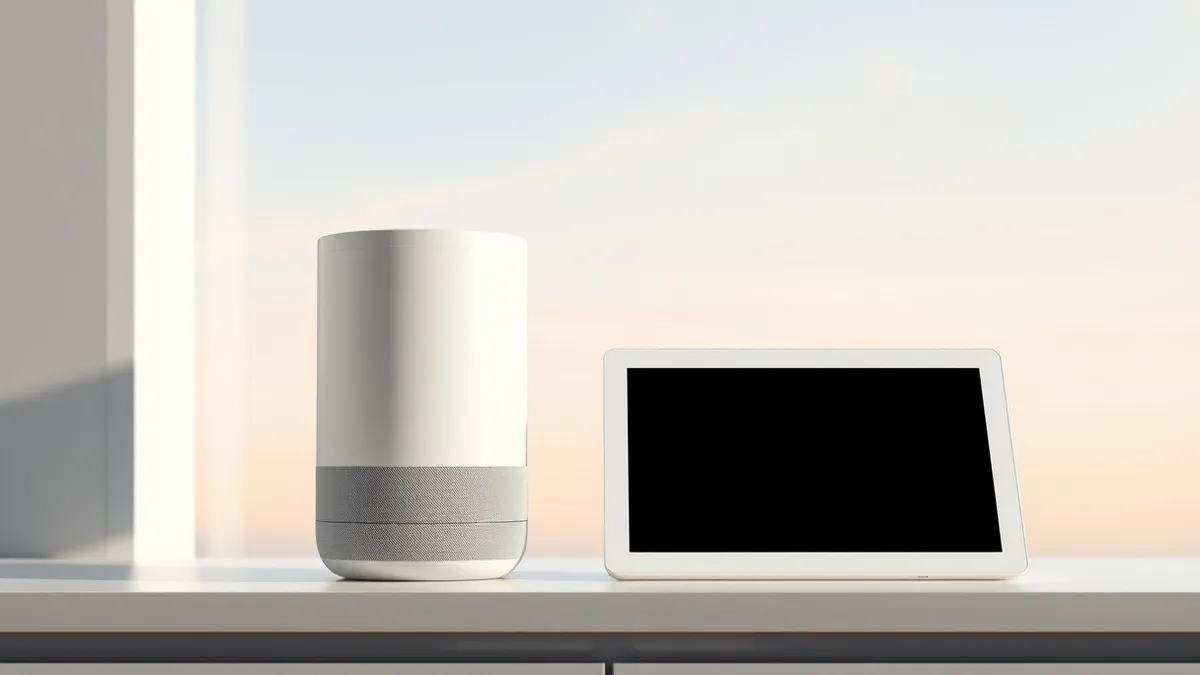 Illustration: A sleek white cylindrical smart speaker sits on a kitchen counter next to a square tablet device with a blank black screen.