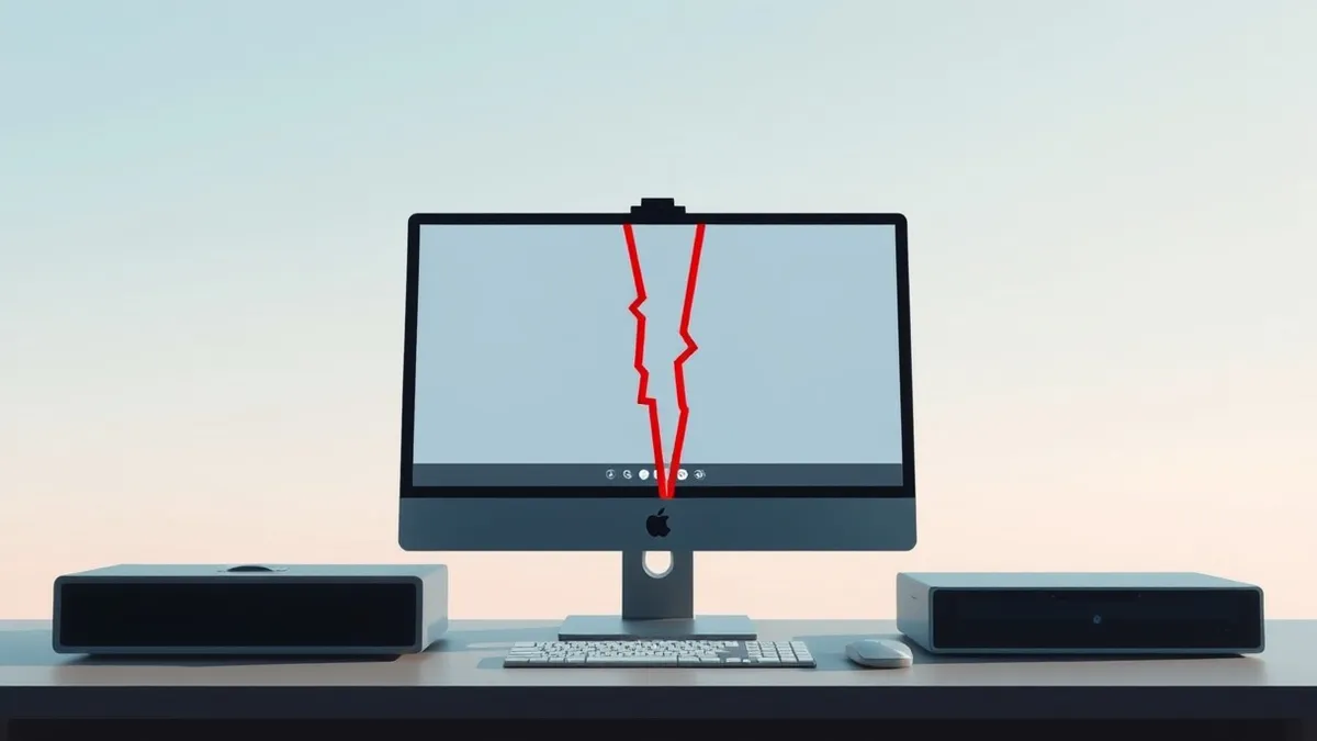 Illustration: A sleek desktop computer monitor sits on a desk, displaying a blank video conferencing interface with generic participant tiles.