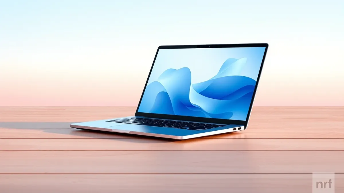 Illustration: A modern ultrabook laptop sits open on a clean wooden desk, its lid angled slightly toward the viewer.