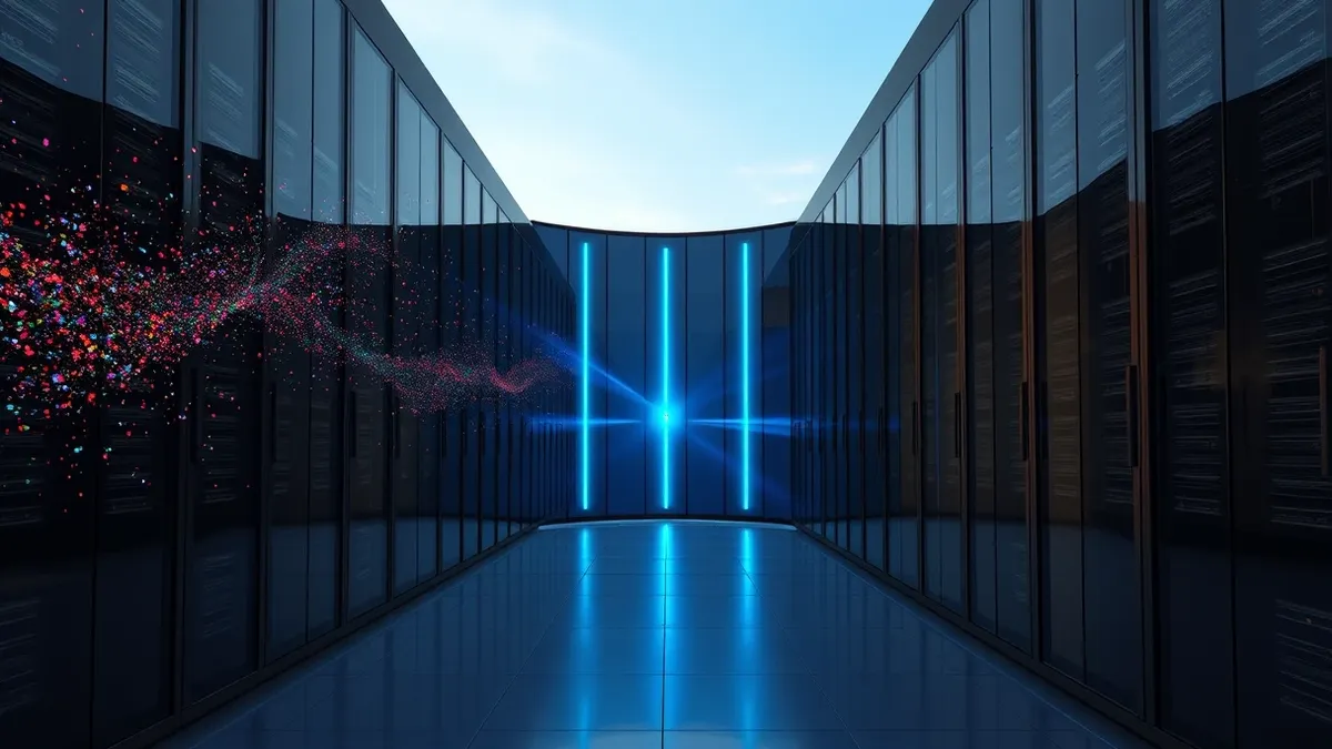 Illustration: A sleek, black wall of smooth glass panels stands in a modern data center aisle.