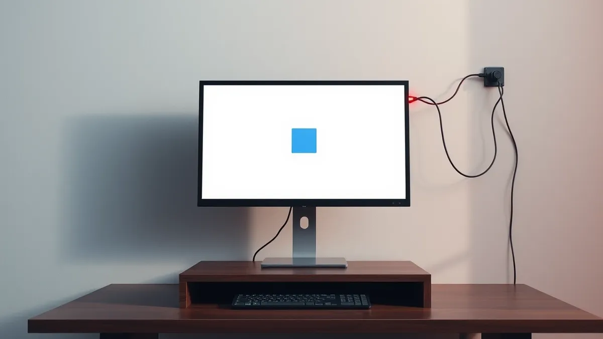 Illustration: A sleek desktop monitor sits on a wooden desk, displaying a blank white window with a minimalist blue square icon.
