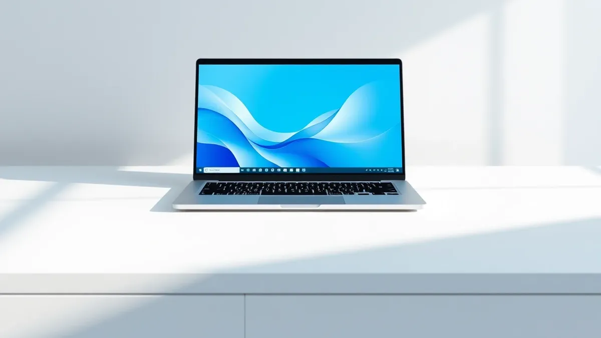 Illustration: A sleek laptop sits open on a clean white desk with a bright blue operating system interface displayed on the screen.