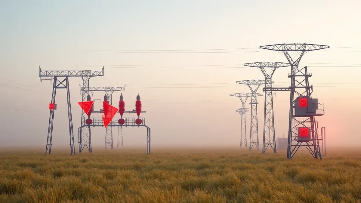 Illustration: An electric substation stands in a misty field while an invisible digital wind scans its metal structures.