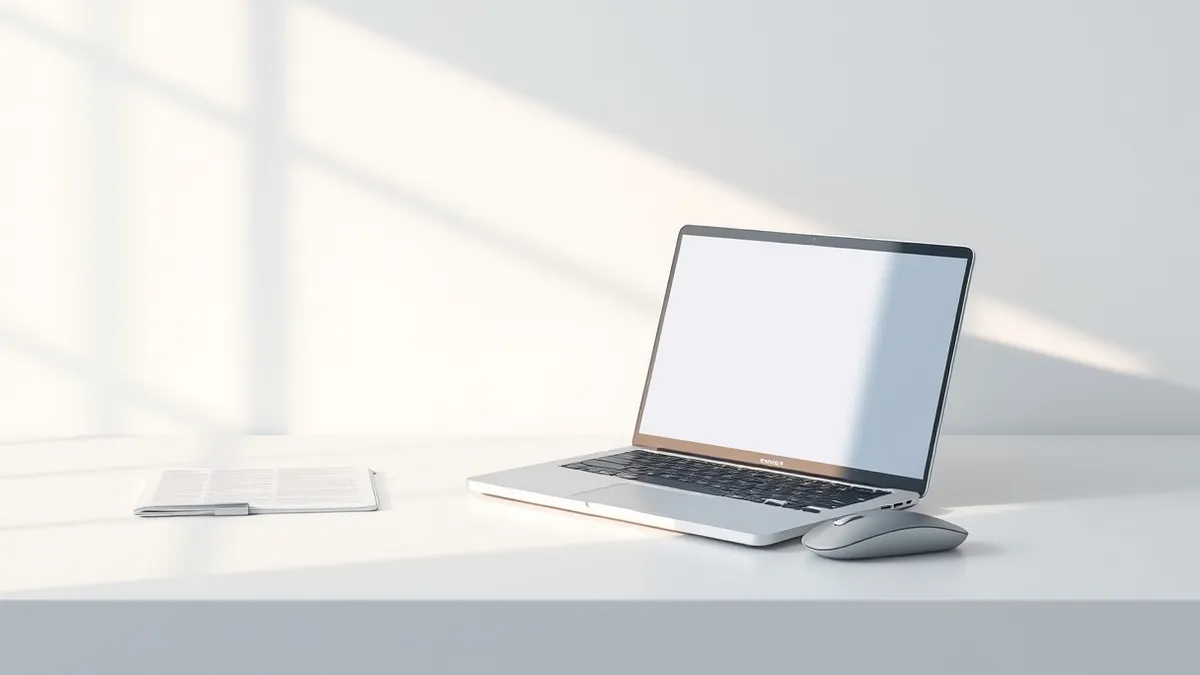 Illustration: A sleek silver laptop sits closed on a clean white desk, next to a single sheet of blank paper and a modern wireless mouse.