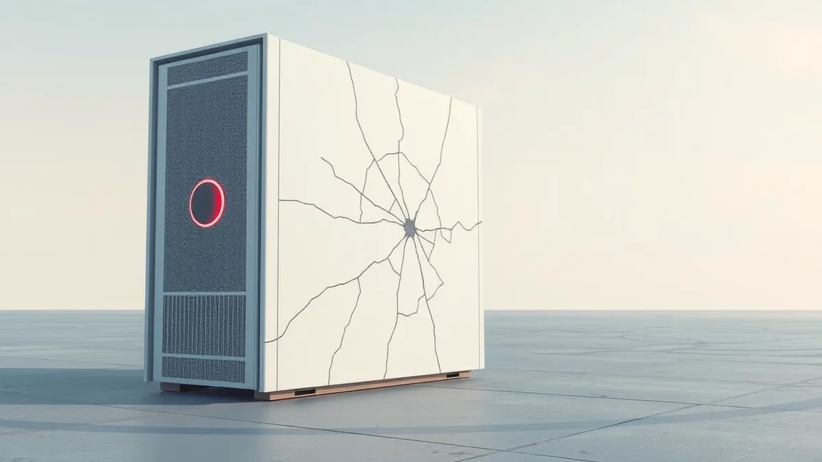 Illustration: A sleek, white database server sits isolated on a concrete floor.