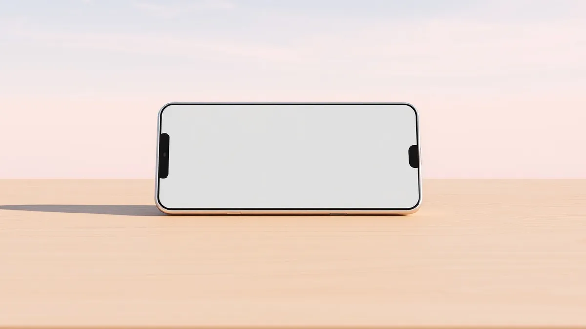 Illustration: A blank white smartphone with a foldable hinge lies flat on a clean wooden desk, its screen displaying only soft gray geometric shapes to represent the device's dual 