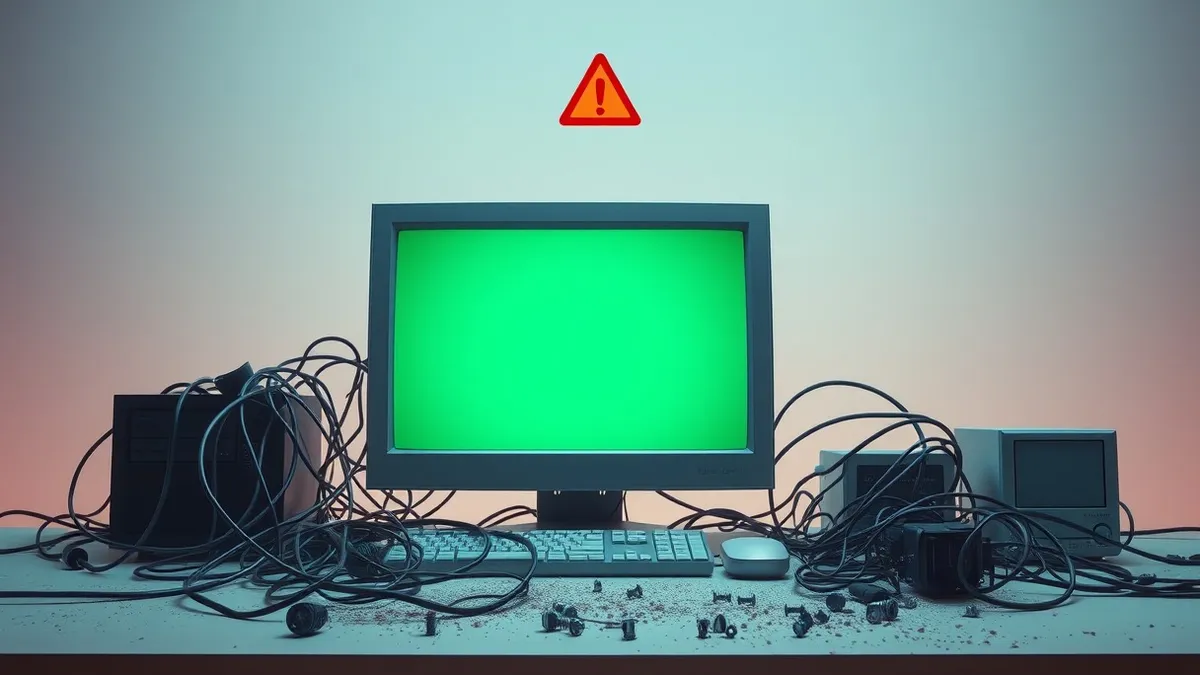 Illustration: A generic desktop computer sits on a cluttered desk beside a tangled web of tangled ethernet cables and loose screws.