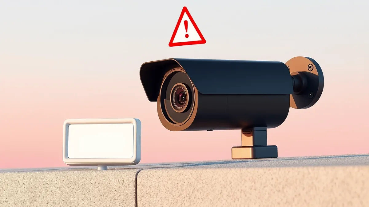 Illustration: A black security camera and a white license plate reader sit on a grey concrete curb.