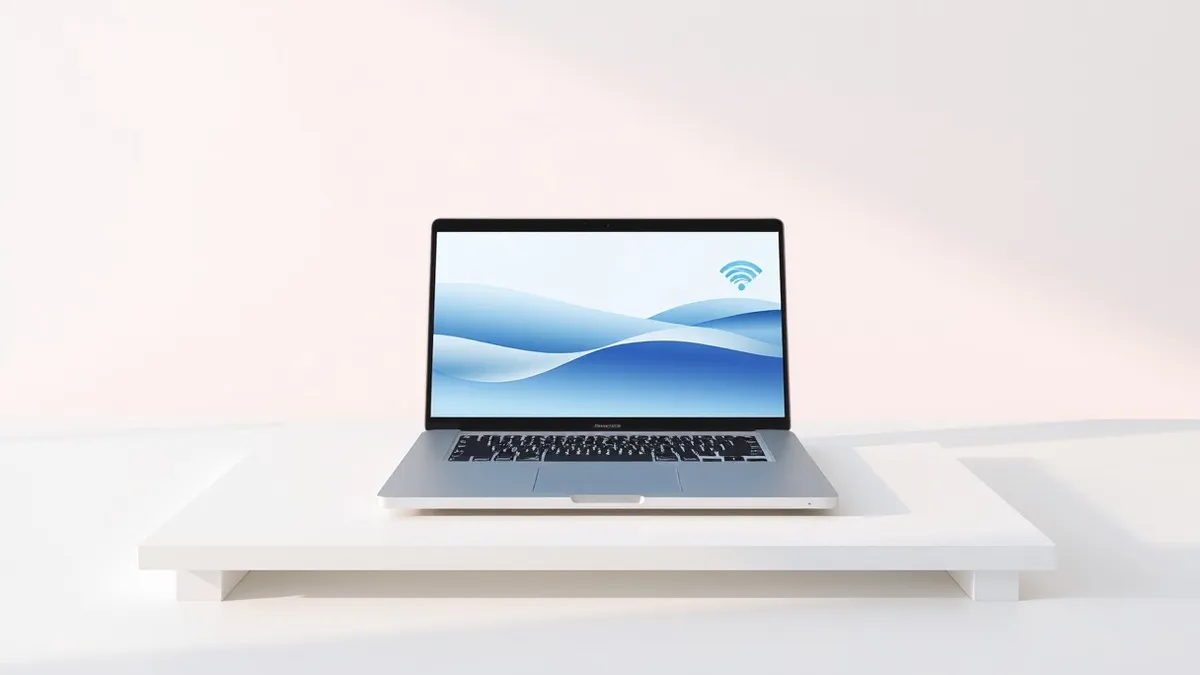 Illustration: A sleek silver laptop sits open on a clean white desk, its screen displaying a minimalist interface with soft blue abstract waves.