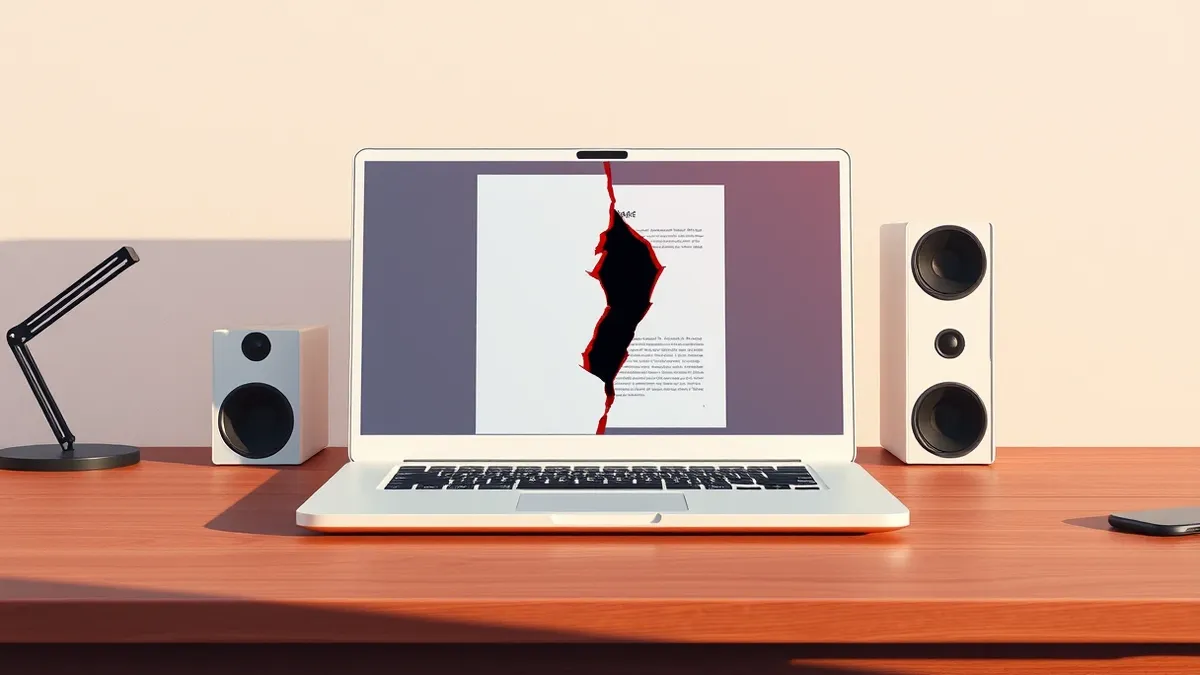 Illustration: A white laptop sits on a wooden desk with its screen displaying a blank document interface.