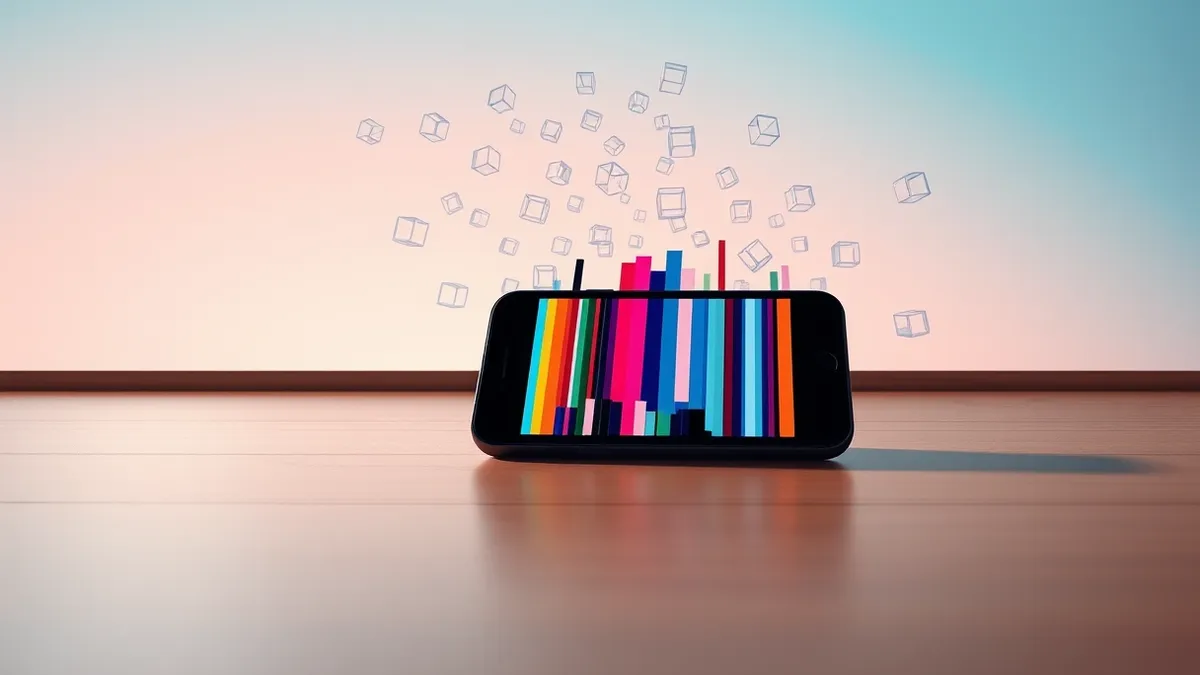 Illustration: A sleek black smartphone rests on a smooth wooden desk, its screen displaying abstract colored bars that shift into a scattered network of transparent cubes, symboliz