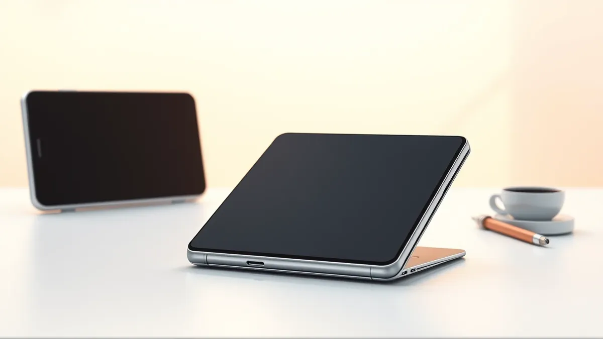 Illustration: A sleek foldable smartphone rests folded on a clean white desk, its hinge visible and screen dark.
