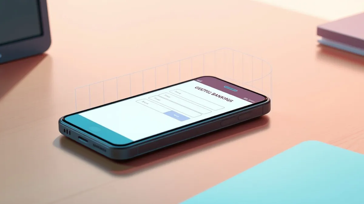 Illustration: A smartphone rests on a wooden desk, its screen displaying a generic banking interface with blank input fields.
