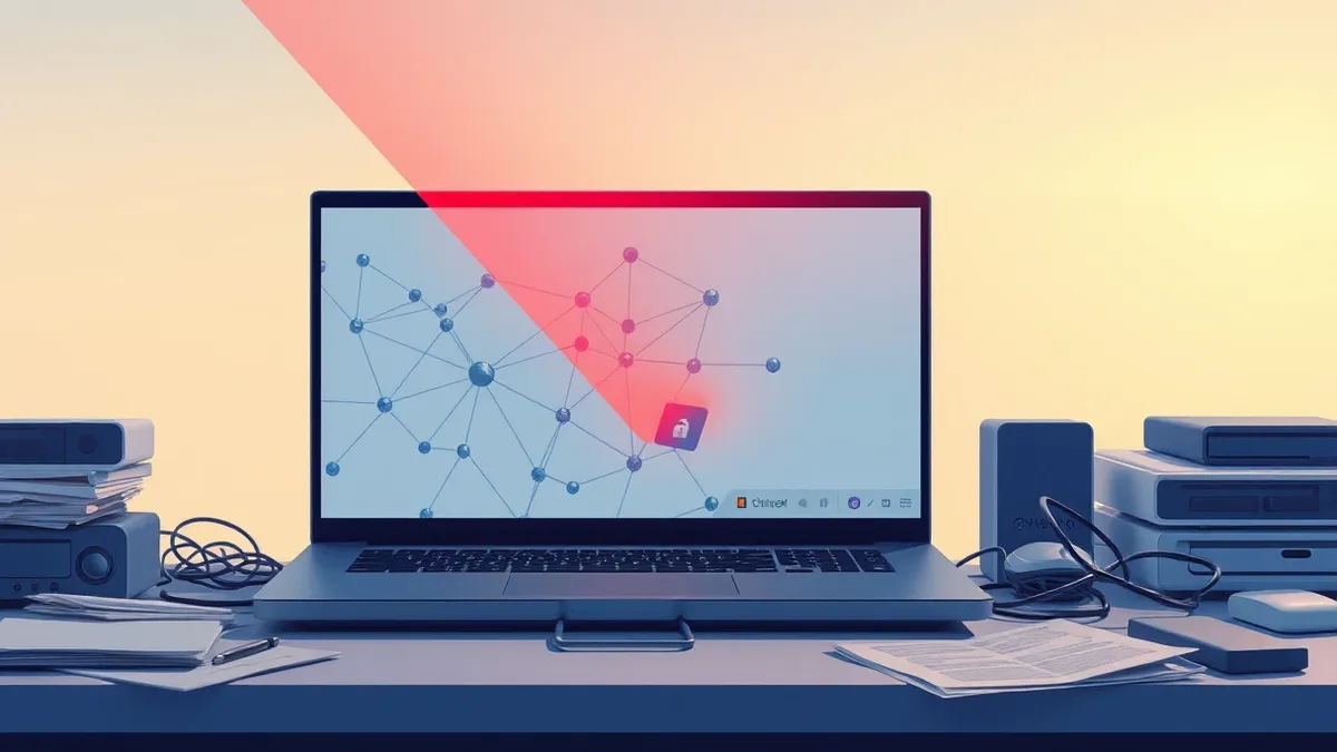 Illustration: A laptop sits open on a cluttered desk, its screen displaying abstract blue nodes connected by thin lines.