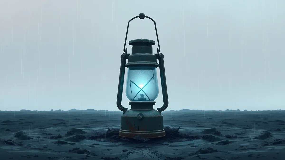 Illustration: A cracked, heavy metal lantern sits on muddy ground, emitting a faint, cold blue light that struggles against the surrounding darkness.