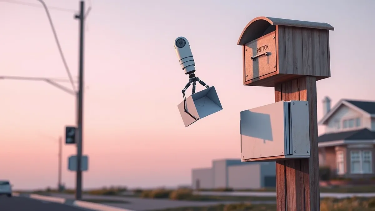 Illustration: A sleek artificial intelligence robot arm deposits a stack of blank white envelopes into a dusty wooden mailbox mounted on an empty suburban street corner.