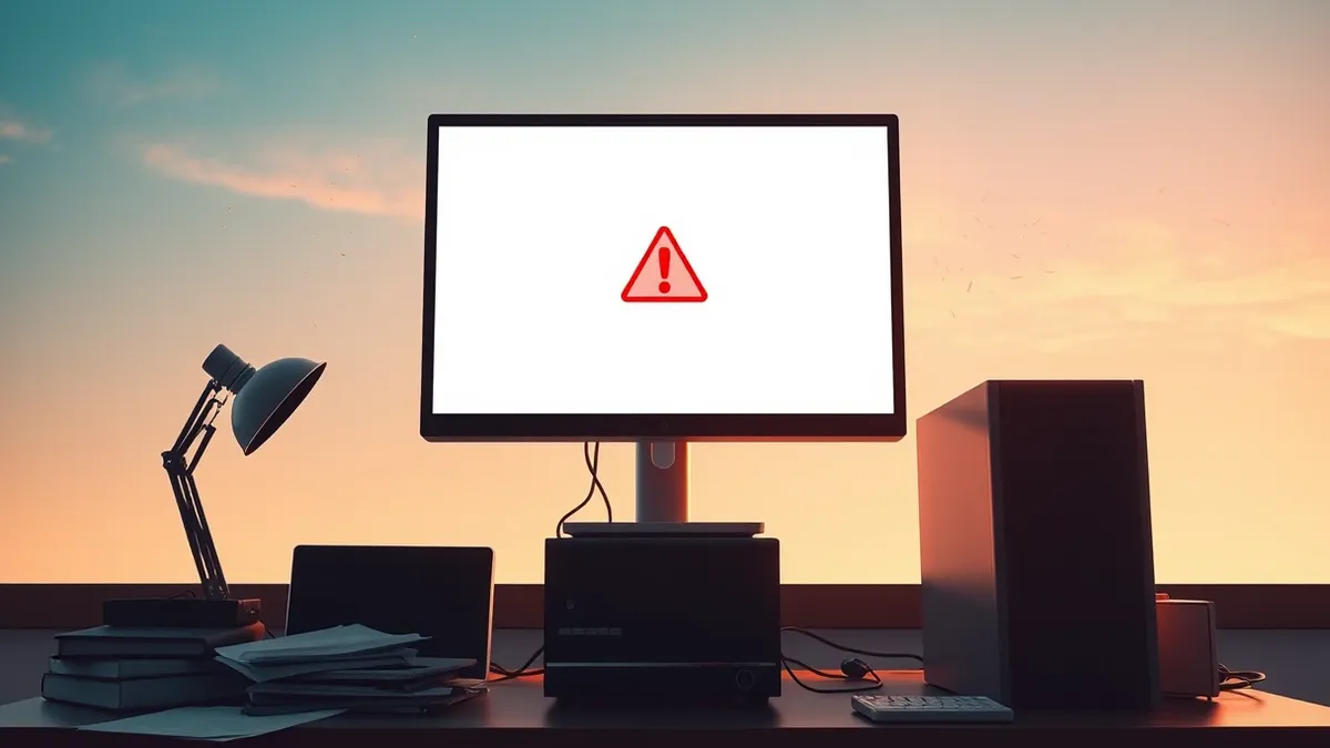 Illustration: A blank, glowing computer monitor sits on a cluttered office desk, displaying an empty white interface with a prominent red warning triangle centered on the screen.