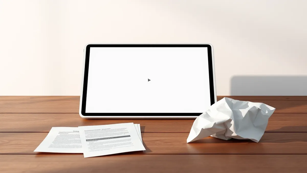 Illustration: A sleek white tablet sits on a wooden desk, displaying a blank screen with a single grey cursor blinking.