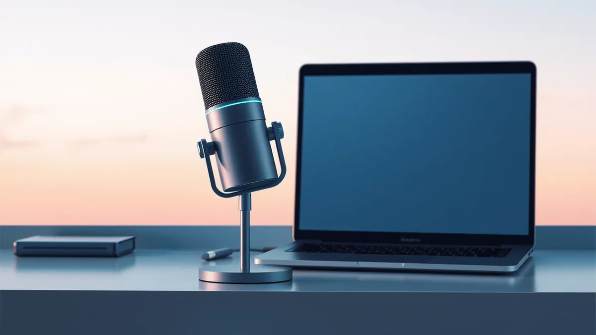Illustration: A sleek microphone sits on a desk beside a laptop with a blank screen.