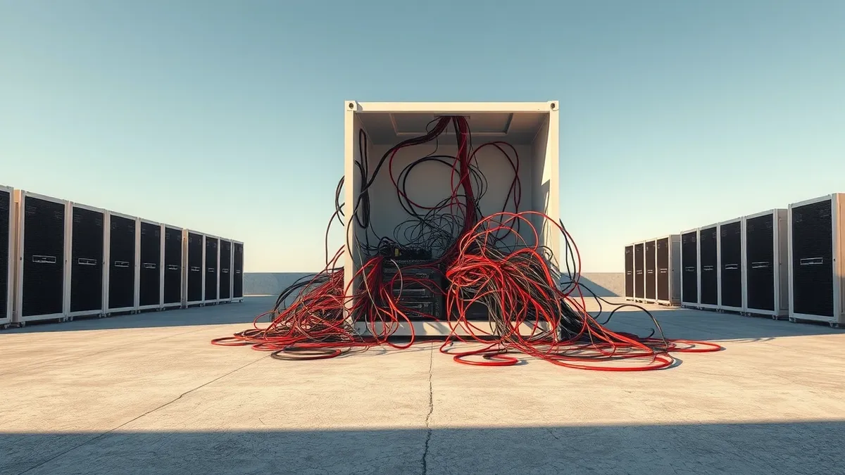 Illustration: A tangled nest of red and black wires spills from a sleek white server box onto a concrete floor.