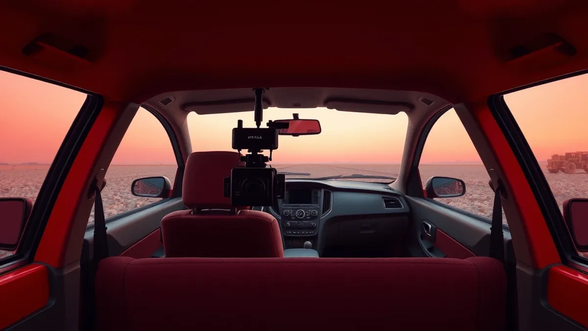 Illustration: A red rental car sits parked on a gravel military training ground.