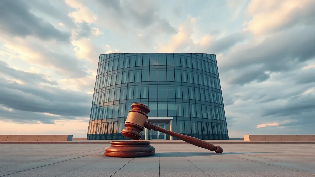 Illustration: A modern glass office building stands under a cloudy sky.