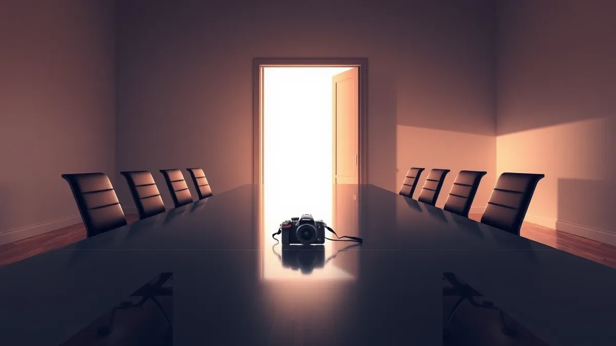Illustration: A sleek conference table sits in a dimly lit room.
