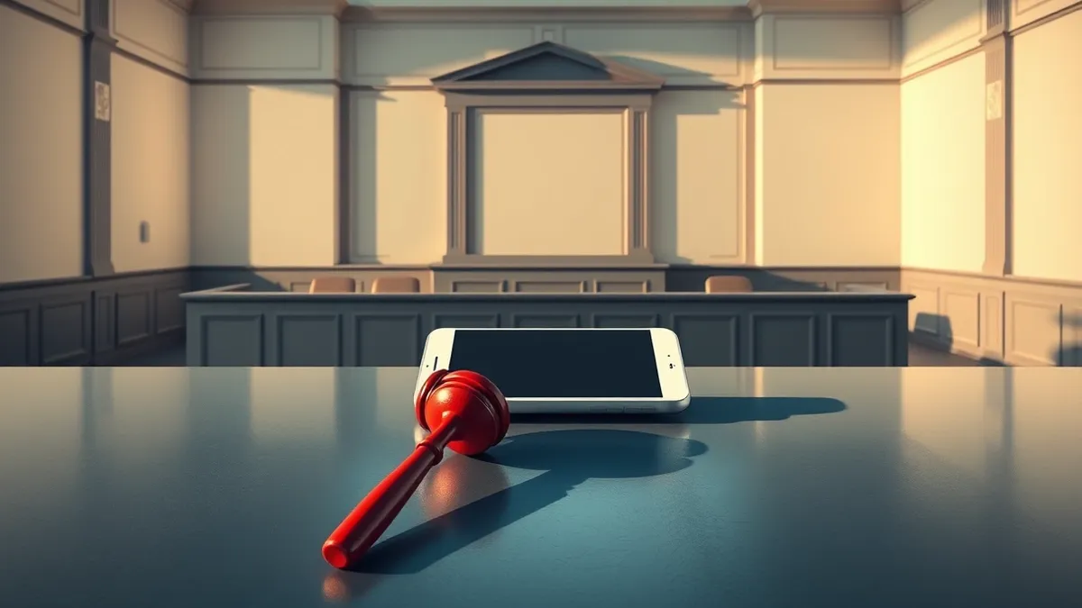 Illustration: A sleek, blank white smartphone rests on a cold, sterile metal table inside an empty courtroom.