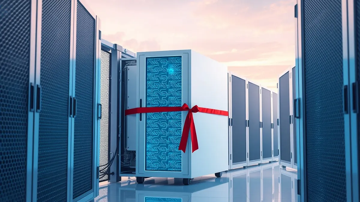 Illustration: A sleek, white server blade sits inside a clean data center rack.
